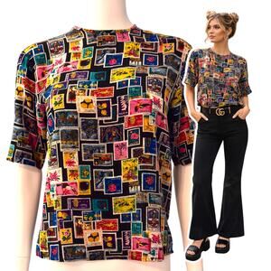 Vintage Nordstrom Stamp Print Blouse 100% Silk Size XS Oversized Whimsical 80s